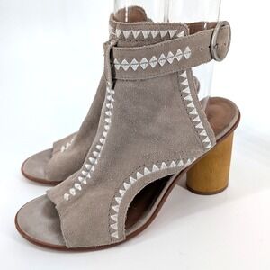 Anthropologie Bernardo Harper Suede Peep Toe Block Heel Sandals‎ Taupe 11M